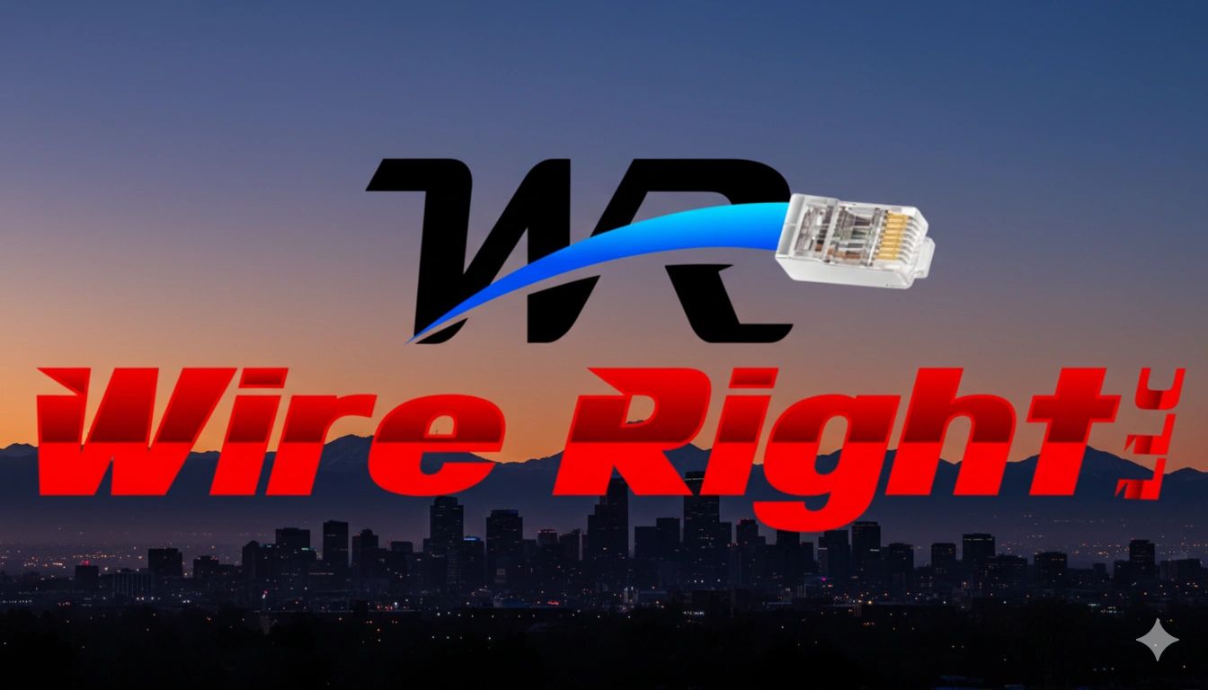 Logo of Wire Right LLC with a city skyline at sunset.