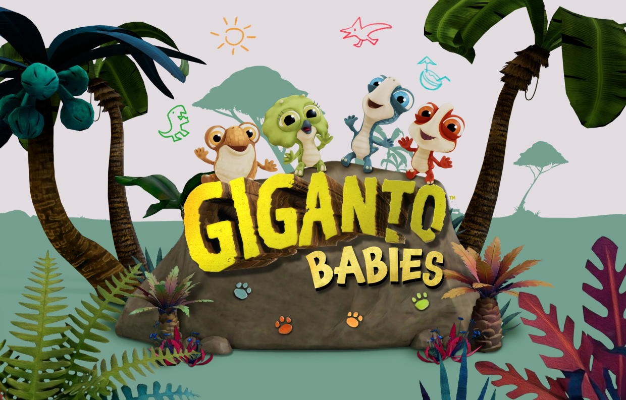 Colorful animated dinosaur babies with the title Giganto Babies.