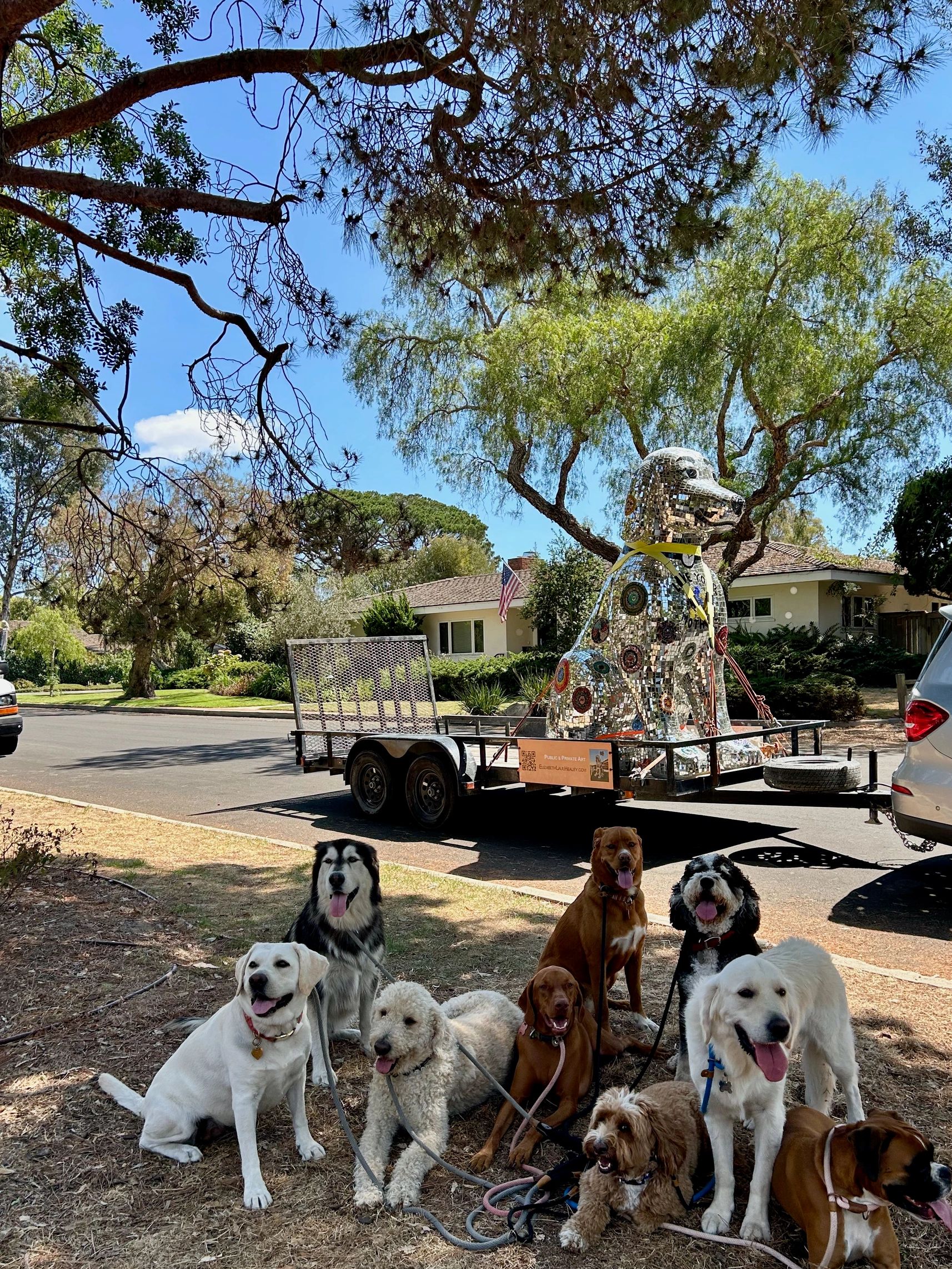 A group of dogs sitting in front of a large mirrored dog sculpture on a trailer.
