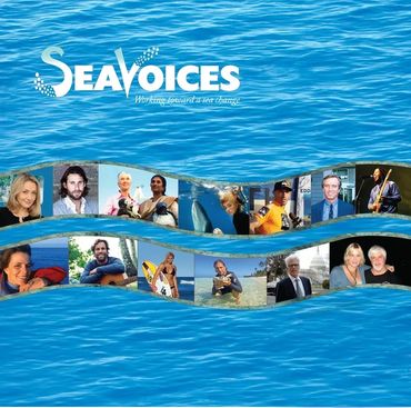 Collage of diverse individuals under the SeaVoices logo with ocean wave design.