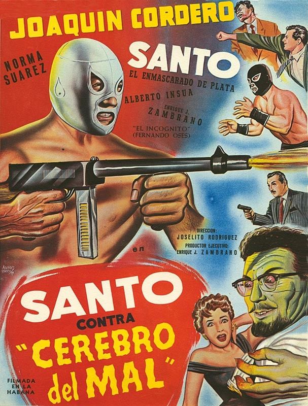 Vintage Mexican movie poster featuring Santo with a gun.