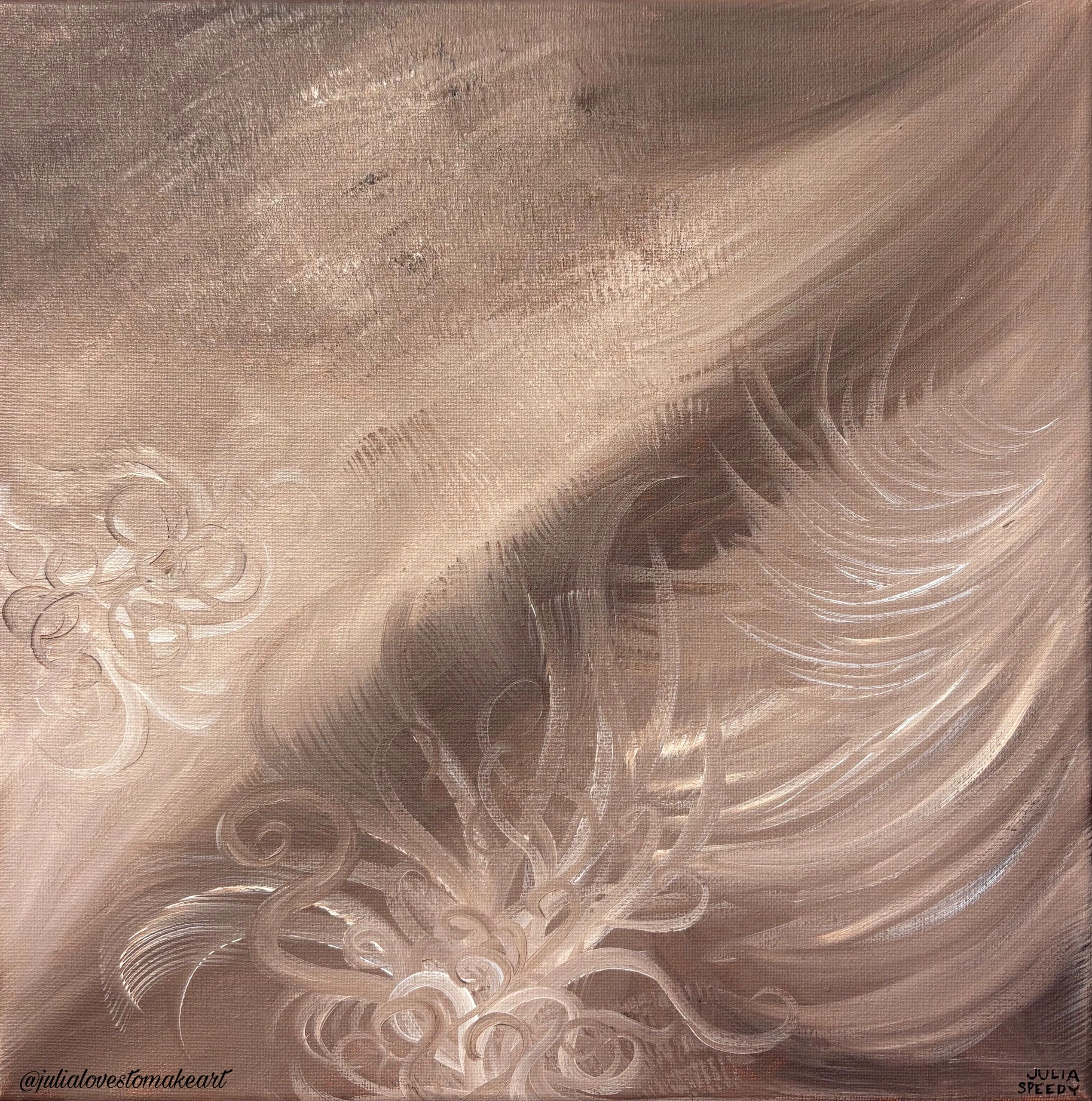 Abstract painting with flowing beige and brown feather-like strokes.