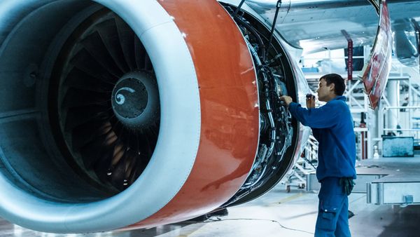 Aircraft technician in blue overalls working on a large jet engine.