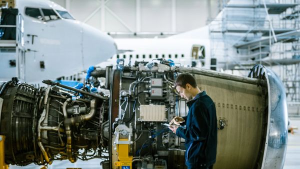 Man using a tablet while inspecting a large aircraft engine in a hangar