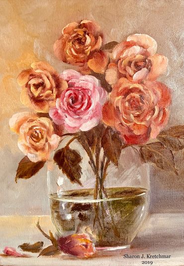 Oil painting by Sharon Kretchmar of red orange and pink roses in a clear glass vase.