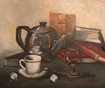 Oil painting by Sharon Kretchmar of tea kettle, brandy and coffee cup with self-portrait of artist h