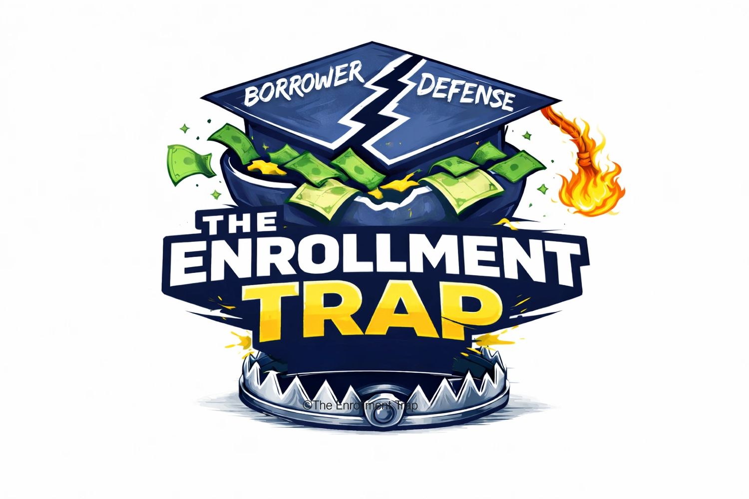 A graduation cap with money and a bear trap labeled 'The Enrollment Trap'.