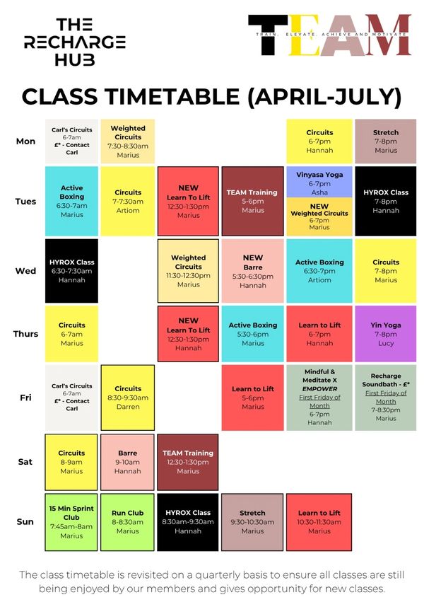 Class timetable for The Recharge Hub with various fitness sessions.