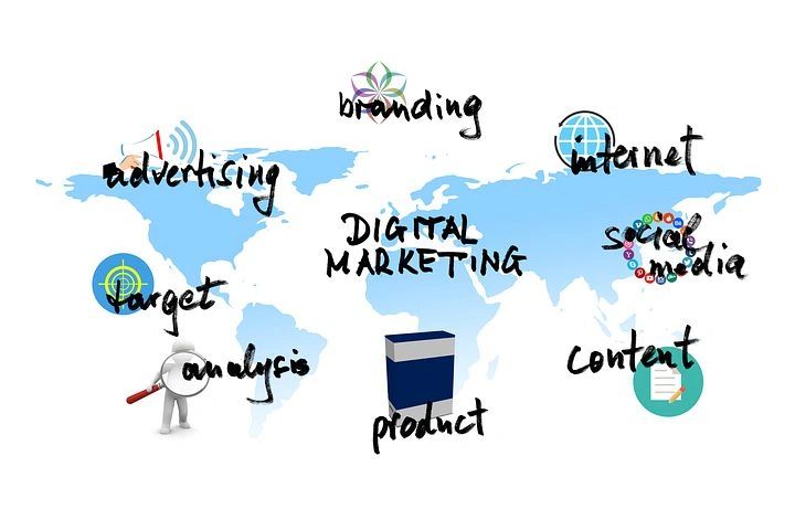 A blue and white map of globe with digital icons for inbound and outbound marketing.