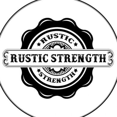 Black and white logo with the text Rustic Strength in a circular badge design.