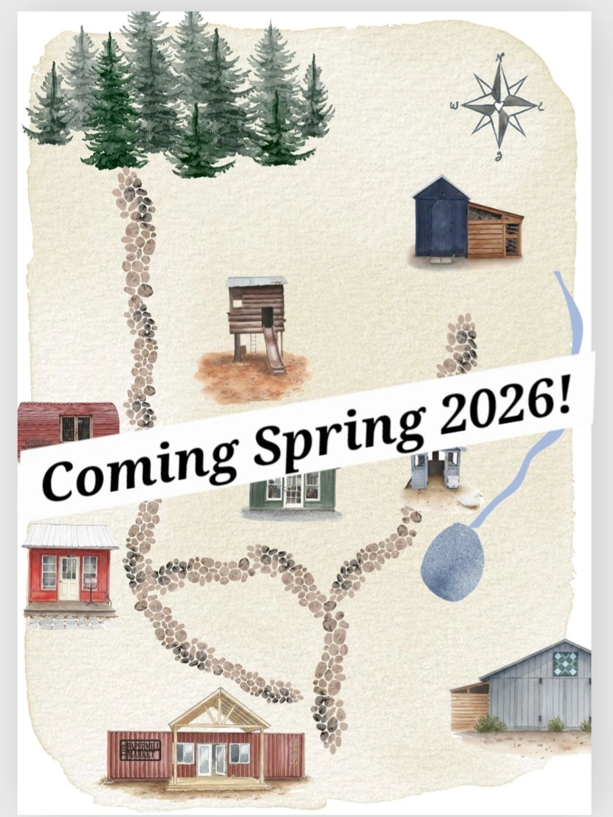 Illustrated map showing buildings and paths with "Coming Spring 2026!" banner.