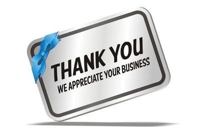 Thank you sign appreciating business with blue bow.