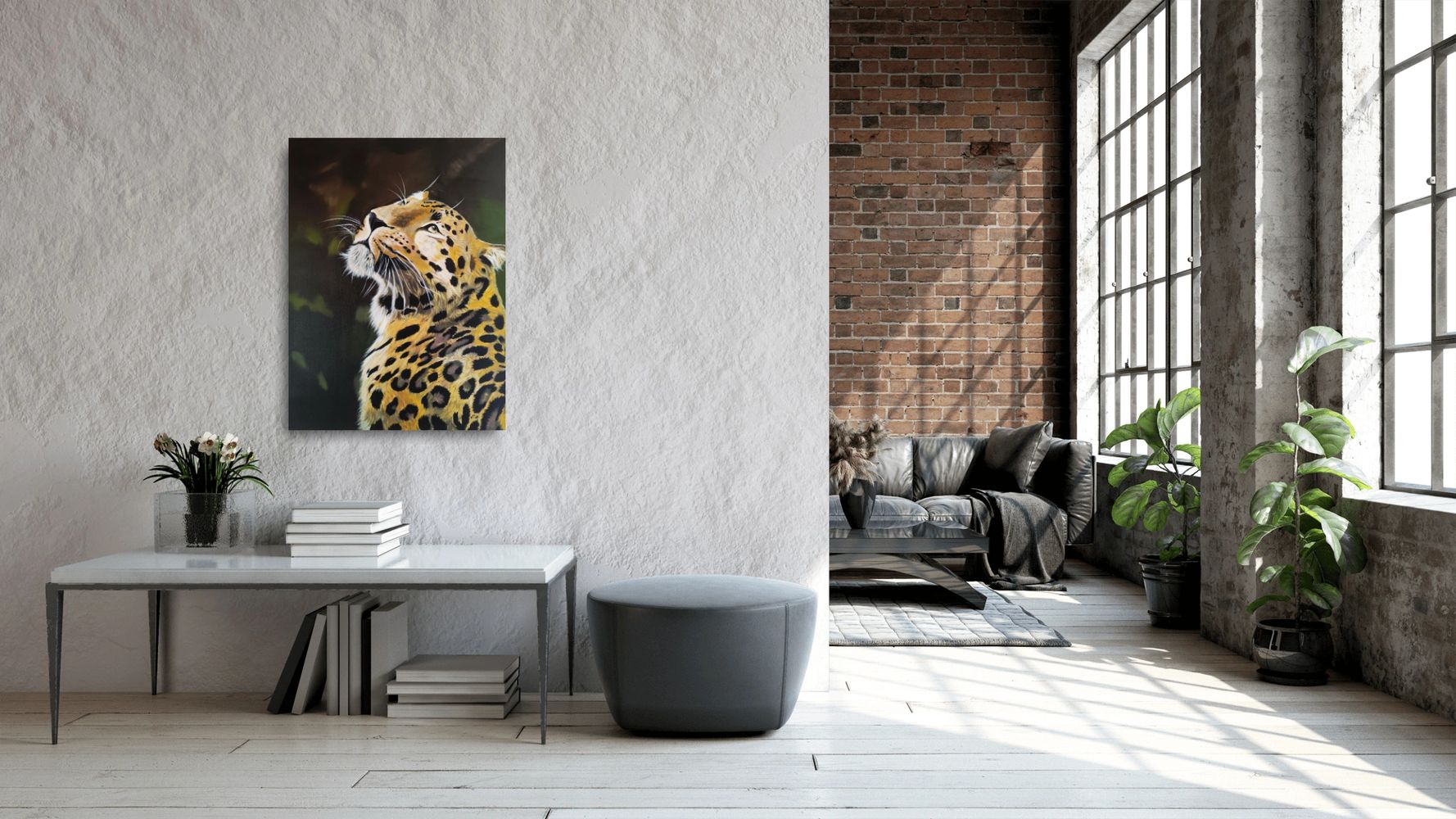 Modern living room with leopard artwork and natural light.