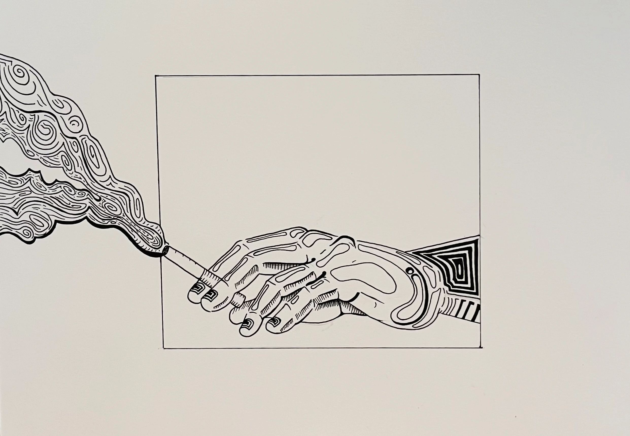 Black and white drawing of a hand smoking a cigarette.