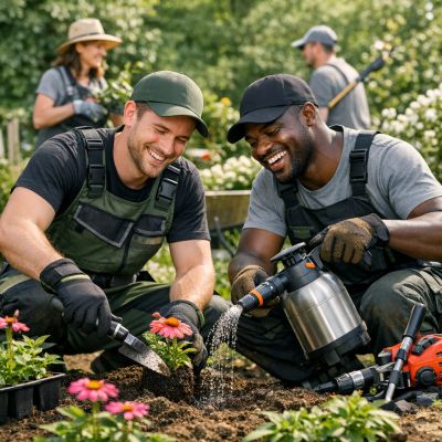 Two men happily planting flowers together in a garden.