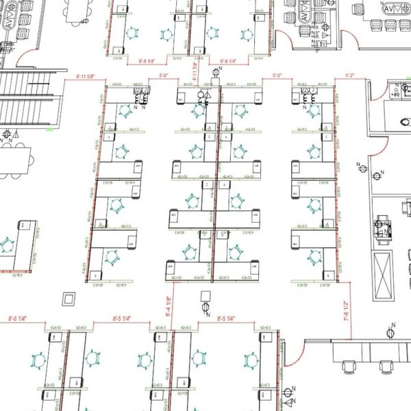 Office floor plan with cubicles, workstations, and meeting rooms.