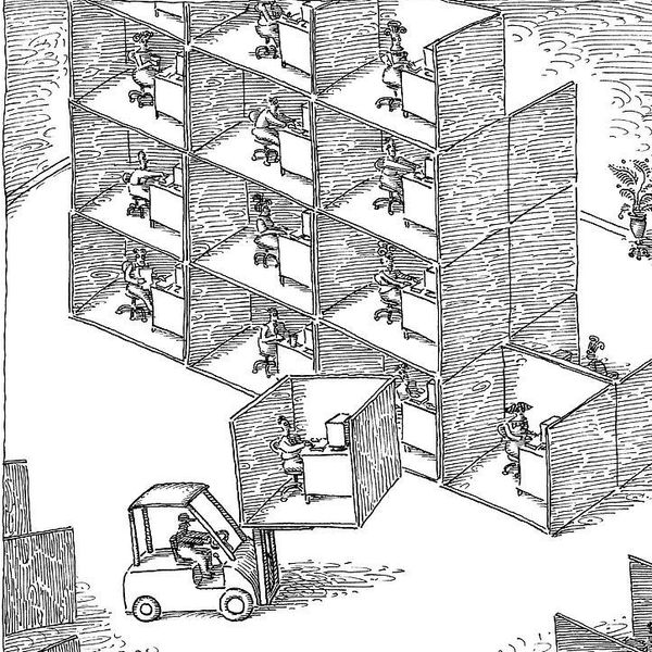 Cartoon showing cubicles stacked vertically and horizontally with people working inside, one cubicle lifted by forklift.