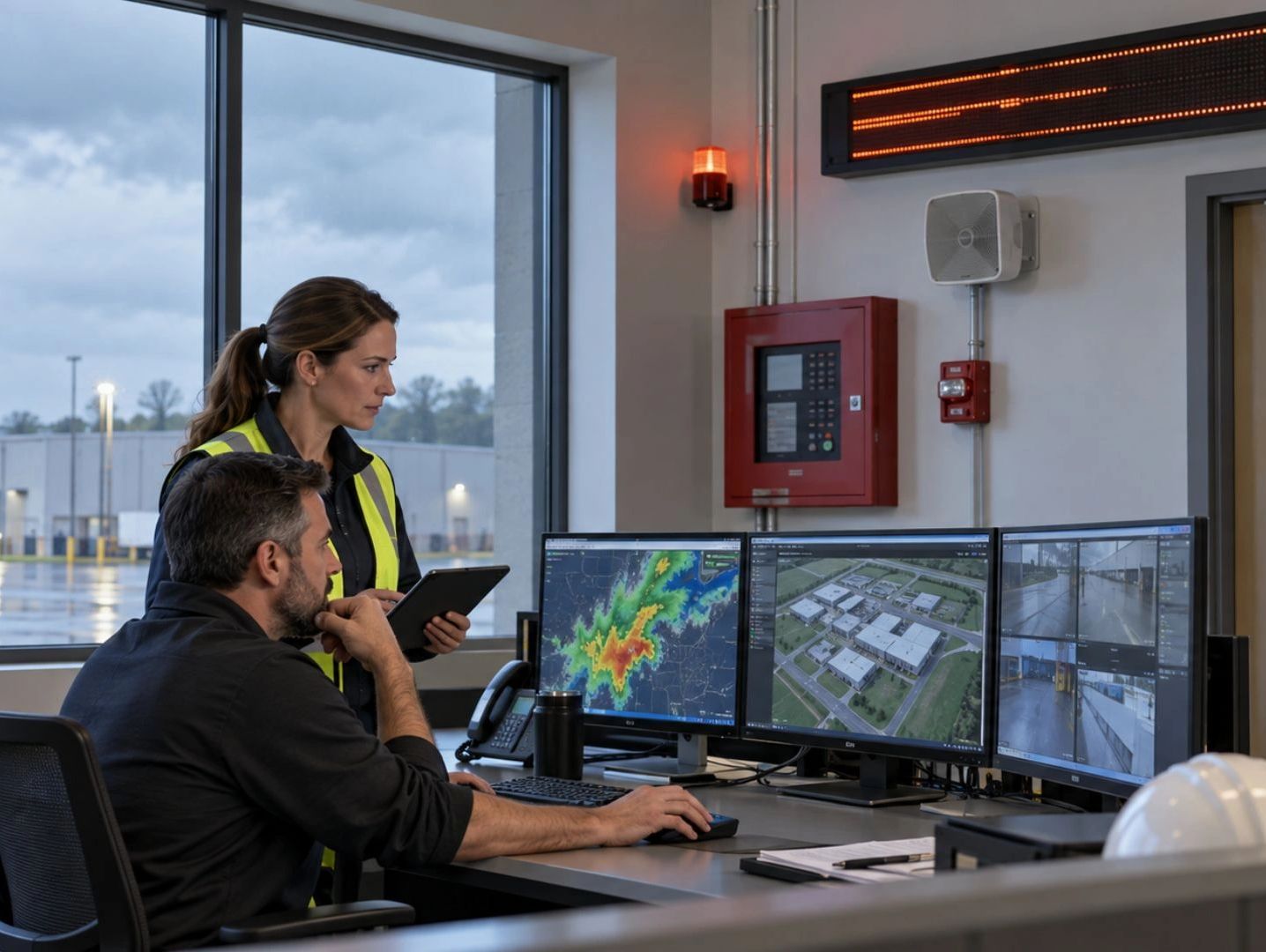 Operations professionals monitoring weather data and connected facility alert systems