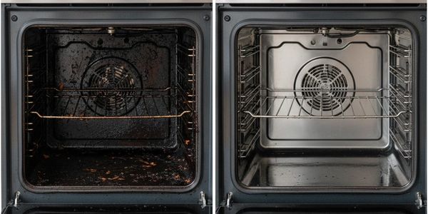 Before and after cleaning an oven