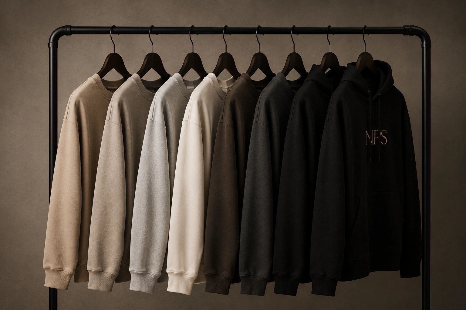 Neutral-toned sweatshirts and hoodies hanging on a black clothing rack.