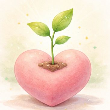 A green plant grows from soil inside a pink heart shape.