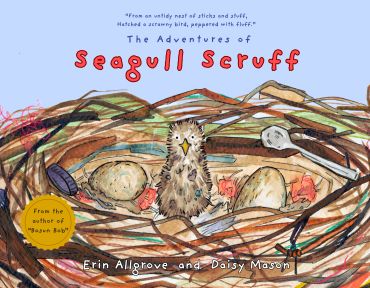 Children's book cover featuring a scruffy seagull chick in a nest.