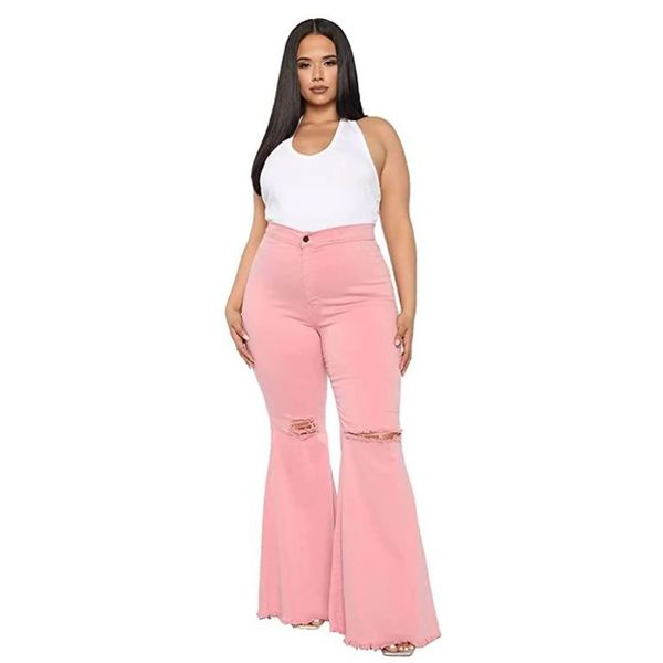 HannahZone Womens Ripped Bell Bottom Plus Size Jeans Elastic Waist Flared Jean Pants 5XL