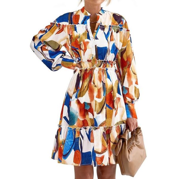 KIRUNDO Womens Spring Dresses Casual Long Sleeve Button Up Boho Vintage Floral Printed A Line Ruffle