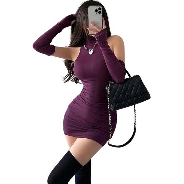 Summer Sexy High Neck Tight Dress Oversleeve Pleated Bottom Wrapped Hip Dress Women Bodycon