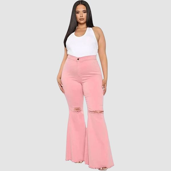 HannahZone Womens Ripped Bell Bottom Plus Size Jeans Elastic Waist Flared Jean Pants