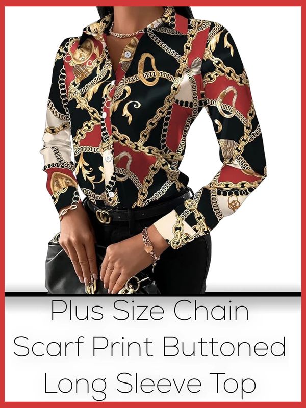 Plus Size Chain Scarf Print Buttoned Long Sleeve Top