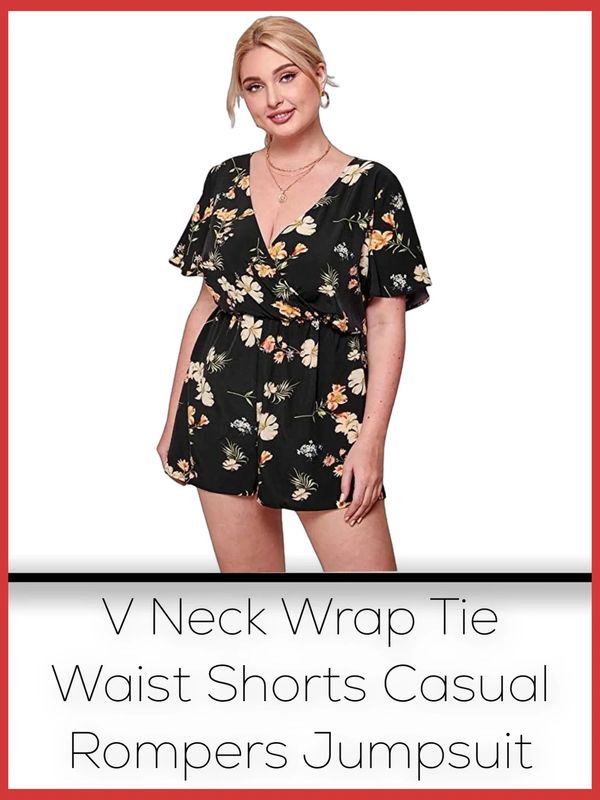 Romwe Women's Plus Size V Neck Wrap Tie Waist Shorts Casual Rompers Jumpsuit
