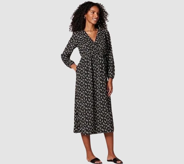 Essentials Women's Lightweight Georgette Long Sleeve V-Neck Midi Dress