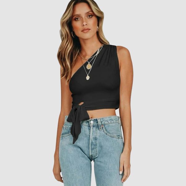 Sexy One Shoulder Sleeveless Black Tank Bowknot Woman Crop