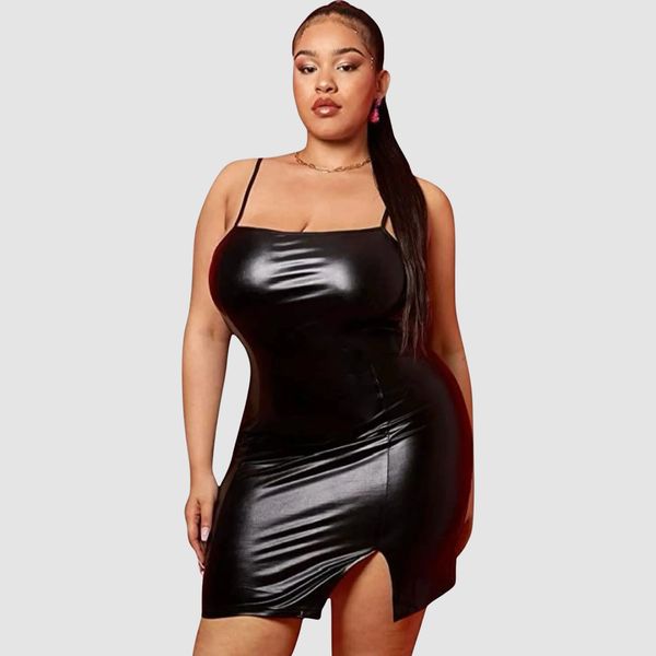 SheIn Women's Plus Pu Leather Slit Mini Bodycon Dress Sleeveless Backless Split Short Cami