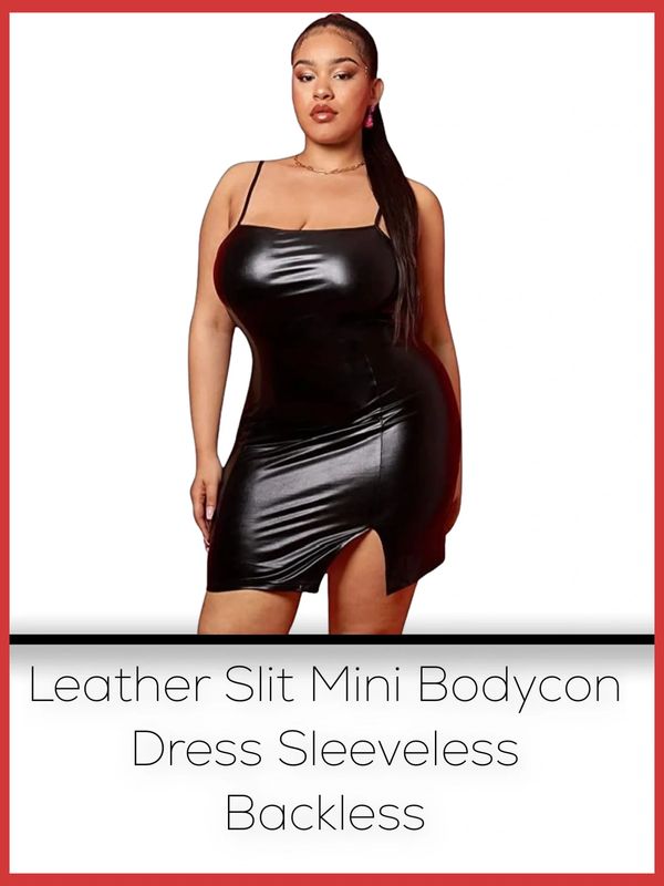 SheIn Women's Plus Pu Leather Slit Mini Bodycon Dress Sleeveless Backless Split Short Cami Dresses