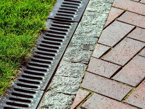 A close-up view of a drainage grate next to a paved sidewalk, with a strip of green grass