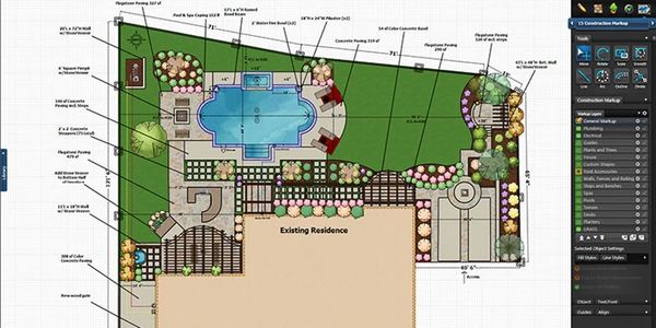 A landscape design plan showing an existing residence with a new pool, patio, and garden