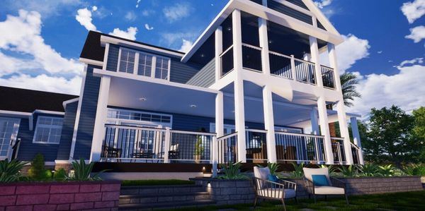 A modern, three-story house with white columns, balconies, and large windows