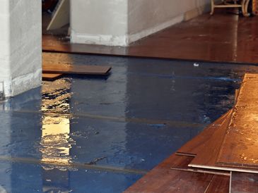 A flooded indoor area with water covering the floor and damaged wooden plank floating on the surface