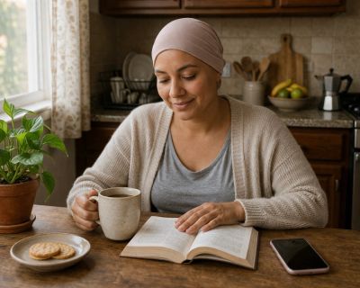 Mujer leyendo y tomando café en la cocina.