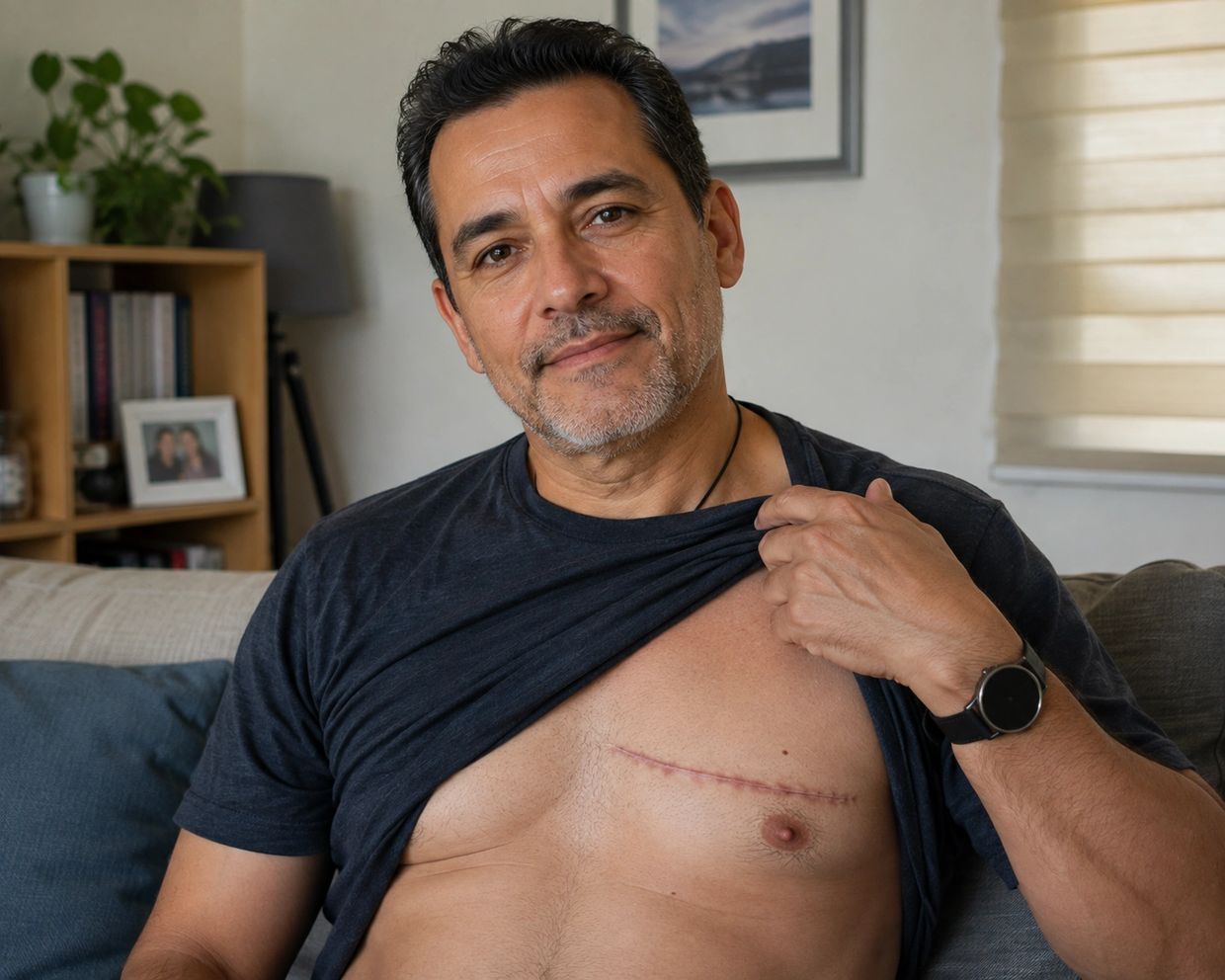 Hombre mostrando una cicatriz en el pecho con una expresión tranquila.
