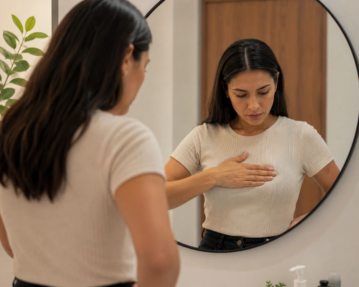 Mujer revisando su pecho frente al espejo.