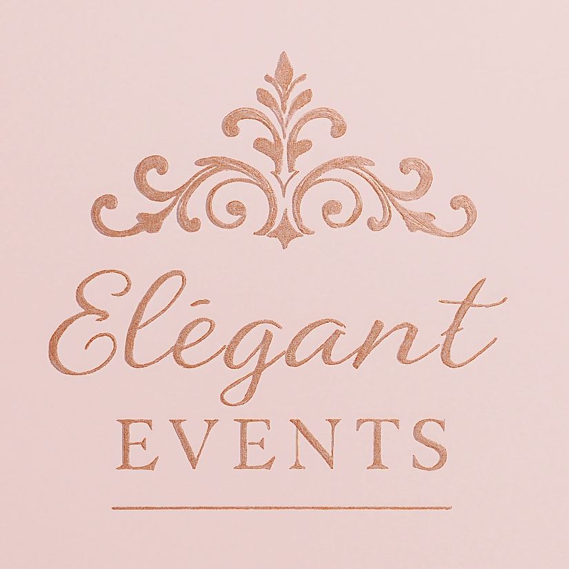 Elegant Events logo with rose gold script and flourish design on pink background.