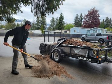 Fall lawn and property clean-up service, clearing leaves, branches, and yard waste.
