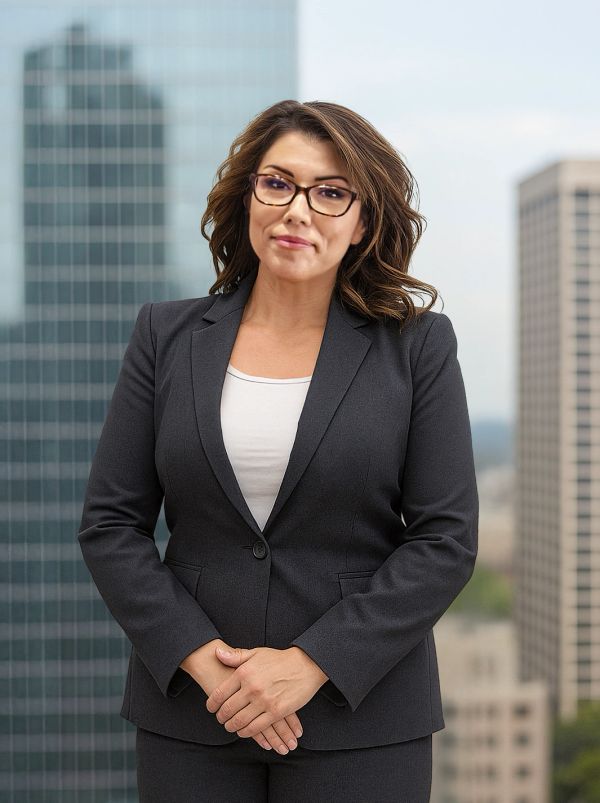 Confident woman in a business suit standing with a cityscape backdrop.