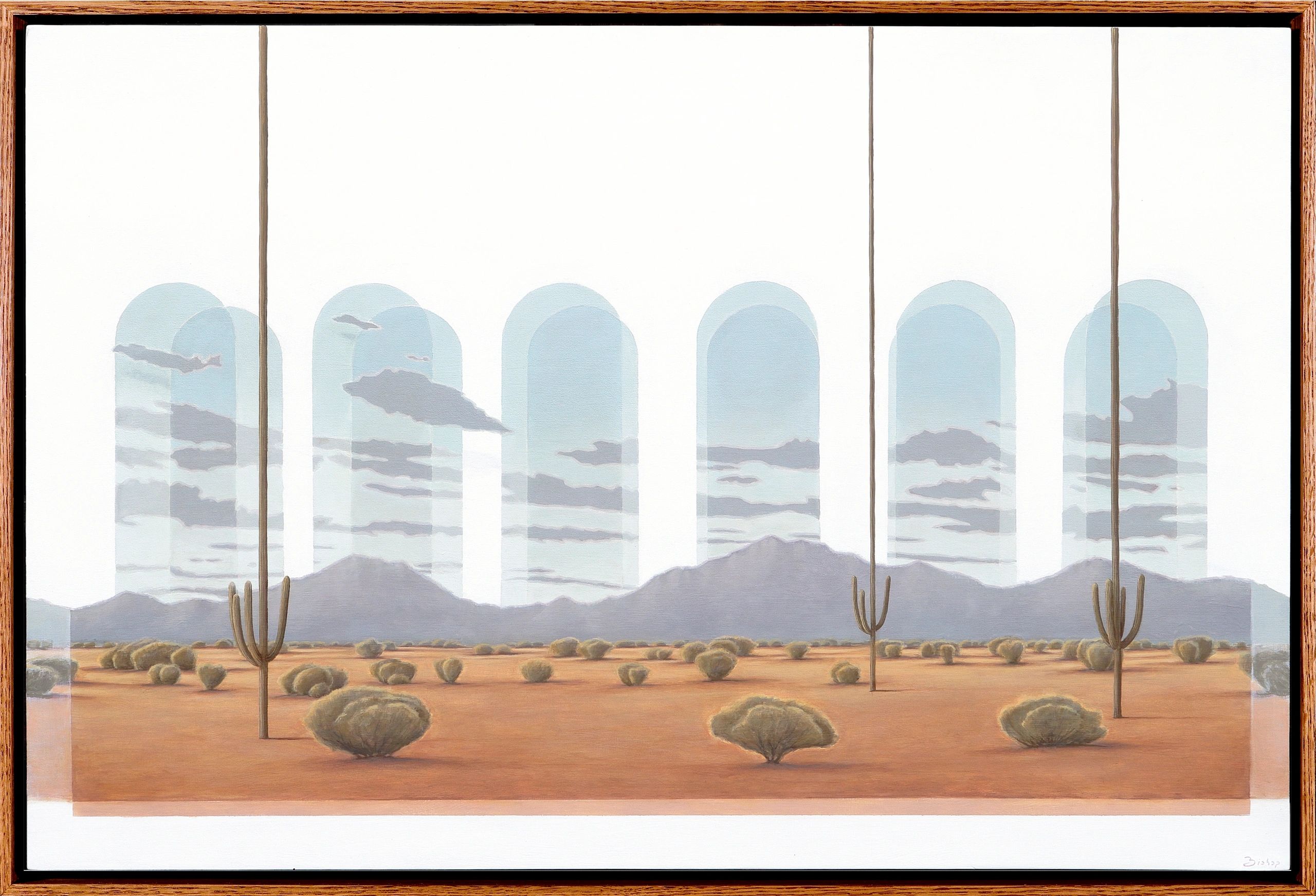 Surreal desert scene with clouds and arches