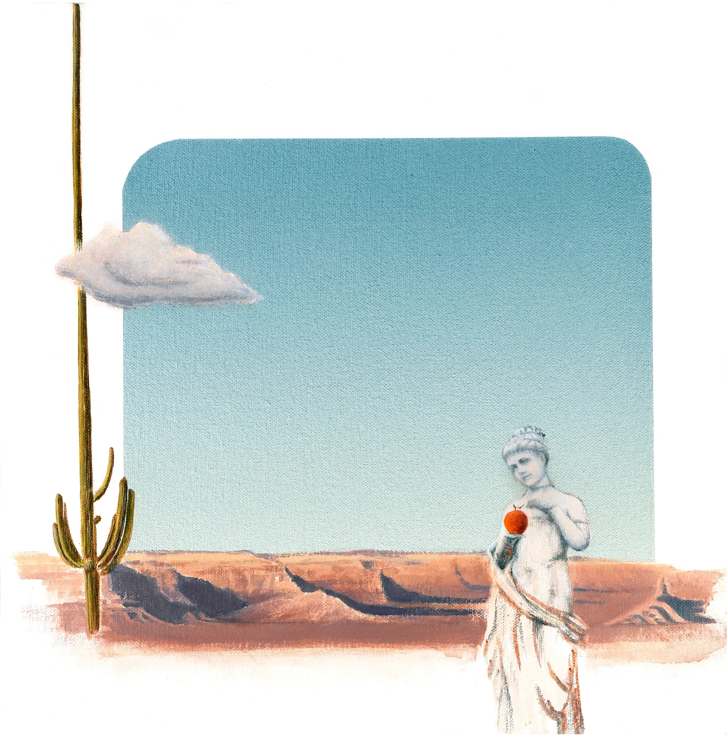 Elongated Cactus, buttes, statue - neoclassical desert - contemporary landscape painting 