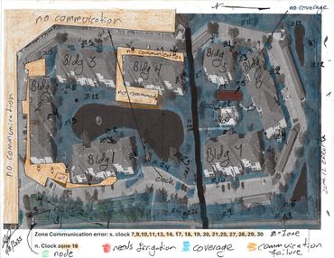 Aerial site map with building labels and annotated zones for communication and coverage analysis.