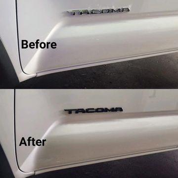 Before and after photos of a car with a black “Tacoma” emblem